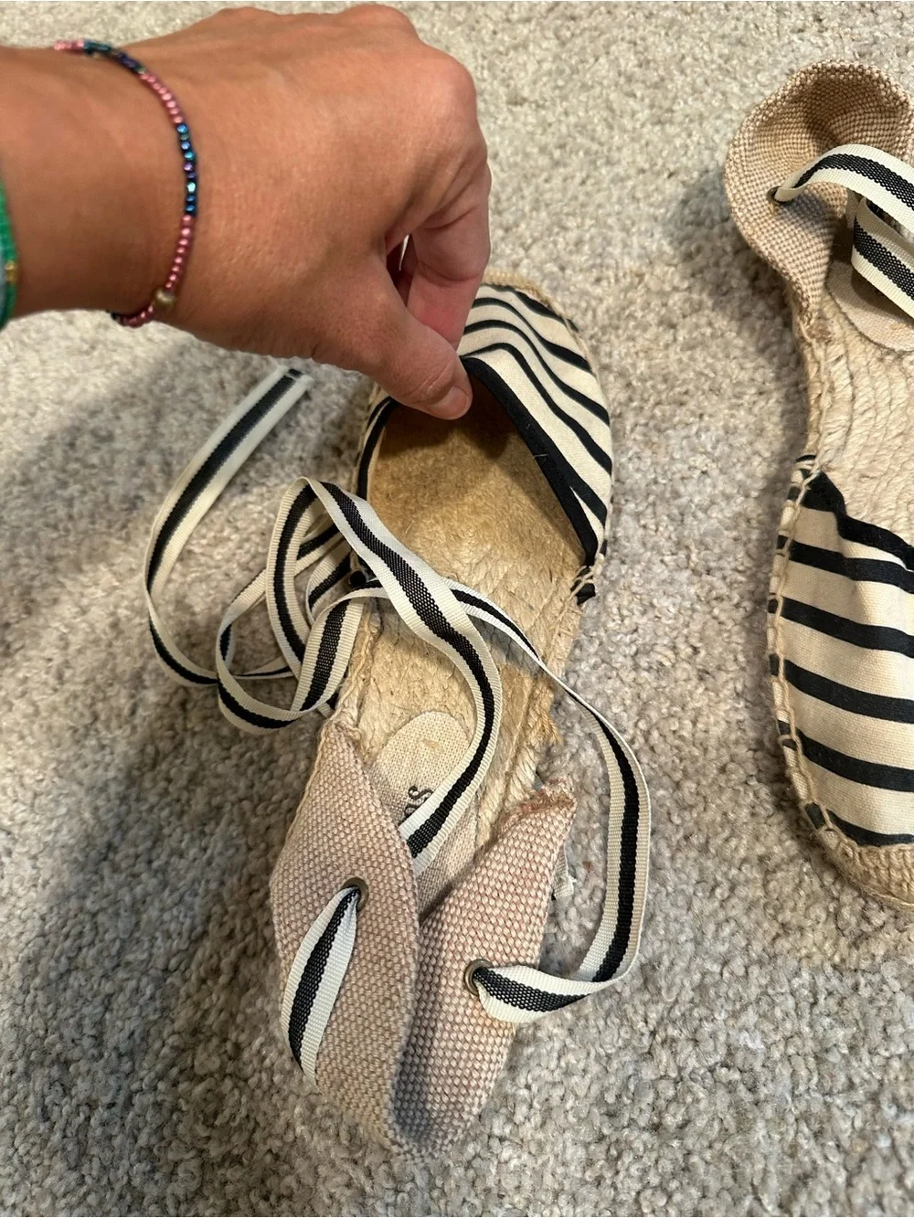 Soludos Black & White Striped Ankle-Tie Espadrille Flats